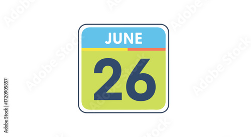 Calendar icon illustration displaying the twenty-sixth of june day in flat cartoon style scheduling planning appointment date for design calendar,