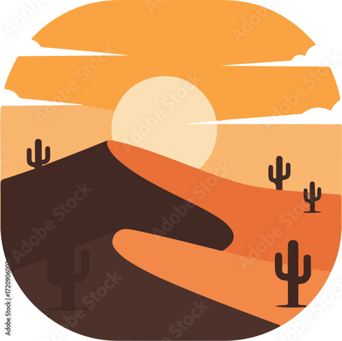 Capturing a serene desert scene filled with cacti, sand dunes, and the glowing sun, ideal for travel blogs or desertthemed designs.