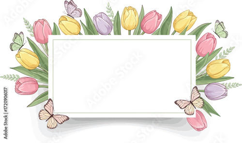 Floral frame with tulips and butterflies in pastel colors around a white rectangular space for text