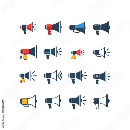 A collection of various colorful megaphone icons, broadcasting sound waves, isolated on white.