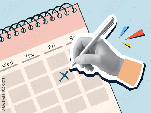 A black and white hand draws a plane silhouette in a calendar. Date of a flight. Modern photo collage style. Vector illustration