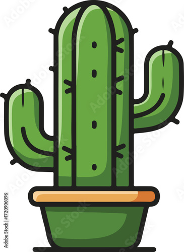Green cartoon cactus in matching pot for designs, decor, cards, and plantthemed projects needing whimsical, colorful illustrations in green.