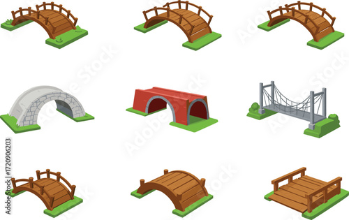 Bridge illustration collection, wooden arch bridge, stone bridge, brick bridge, suspension bridge, architectural design, civil engineering, infrastructure, construction, landscape element
