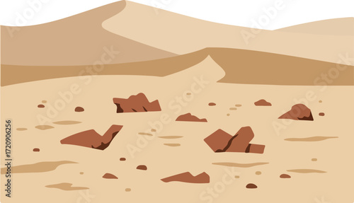 Desert scene featuring sandy dunes and scattered rocks, perfect for travel publications, website backgrounds, or print designs seeking arid landscapes.