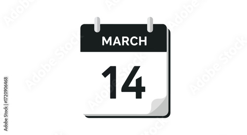 Vector graphic depiction of a calendar page showing March 14, ideal for scheduling or reminders, isolated on a plain background highlighting the