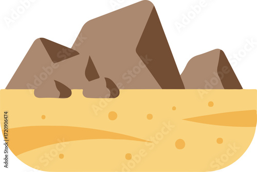 Simple cartoon landscape with brown mountains and sandy desert ground. Suitable for naturethemed designs, childrens books, and educational materials.