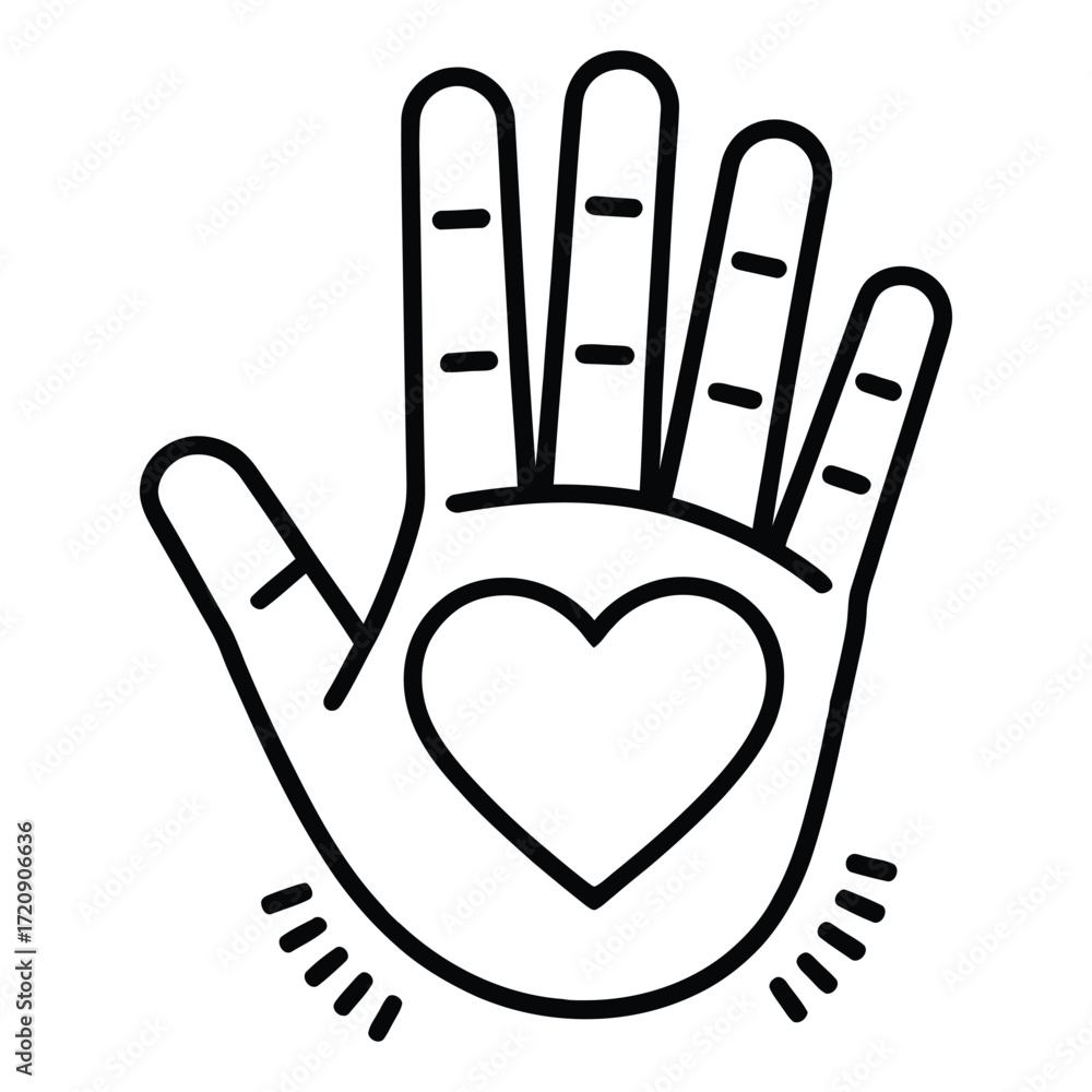 Obraz premium Hand with heart icon outline vector illustration of love, care, or support for charity, donation, or community service