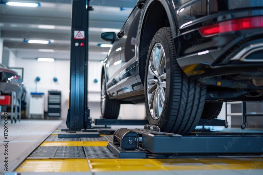 Fototapeta premium Black car positioned on a lift in a modern service center, undergoing a diagnostic check or maintenance