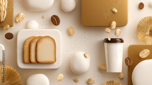 A close up of a white background with a variety of food items including a cup of coffee, a sandwich, and a bowl of cereal. Concept of comfort and indulgence