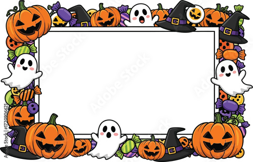 Halloween frame with pumpkins ghosts witch hats and candy around a white rectangular space