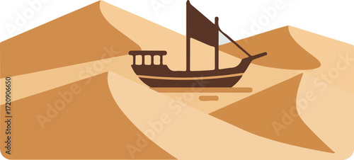 Ship sailing through desert sand dunes suitable for travel, surrealism, exploration, and adventurethemed projects or concepts.
