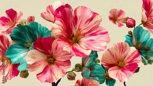 Wallpaper Mural A colorful bouquet of flowers with pink, blue, and green petals. The flowers are arranged in a way that creates a sense of movement and flow. Scene is one of beauty and vibrancy Torontodigital.ca