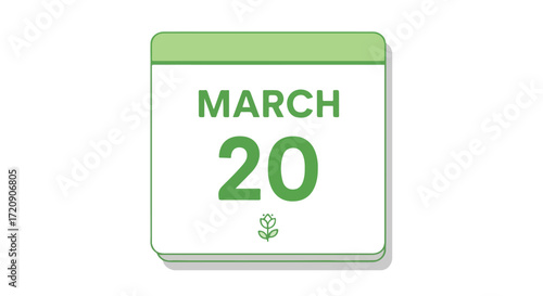 Aesthetic calendar displaying the date March 20th, representing a reminder or spring equinox day and special events, vector graphics and green