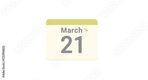 Calendar illustration of March 21st depicting spring equinox with sprouting leaf icon against a clean backdrop highlighting yearly planning and