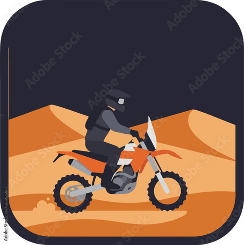 Motorcyclist riding orange bike on sandy dunes under dark sky. Suitable for travel, adventure, outdoor, extreme sports, and motorcycling concepts.