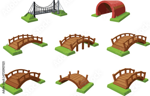 Bridge illustration collection, suspension bridge, wooden arch bridge, covered bridge, architectural design, civil engineering, infrastructure, construction, landscape element, 