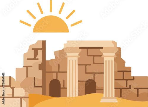Ancient ruins with shining sun graphic, showcasing columns. Perfect for travel websites, historical articles, educational presentations, and tourism brochures.