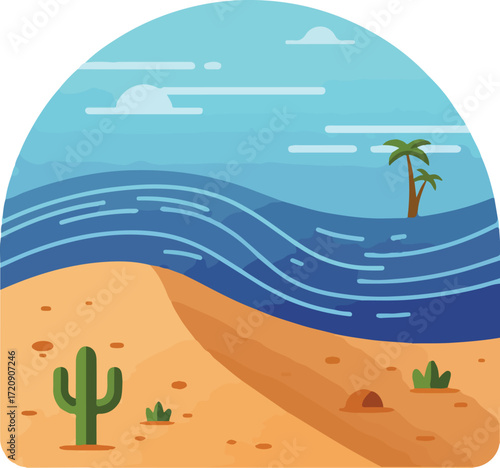 Beach scene with palm tree, cactus, sand, waves. Perfect for travel blogs, tourism websites, or vacation advertisements. A tropical escape awaits.