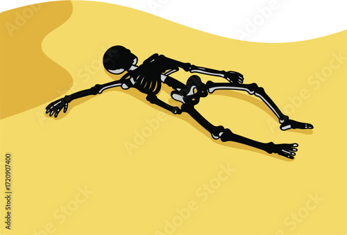 Black skeleton on yellow sand dune suitable for halloween and horrorthemed designs, death concepts, or spooky projects.