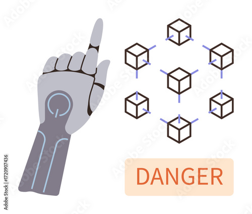 Robotic hand pointing towards interconnected blockchain nodes next to warning sign. Ideal for technology, blockchain, cybersecurity, AI risk, innovation, automation, digital danger. Simple flat