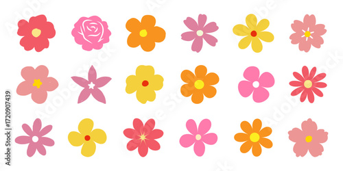 Set of colorful flowers vector. Hand drawn simple flower icon collection.