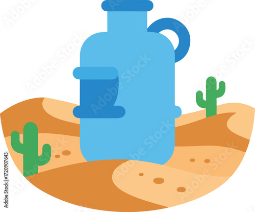 Blue water jug in desert surrounded by cacti, suitable for travel, desert oasis, hydration, travel destinations, desert landscape, and summer themes.
