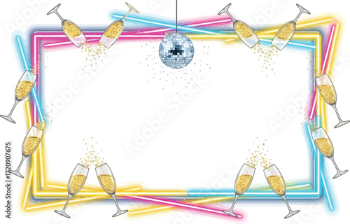 Champagne glasses and disco ball with neon frame on white background for festive celebration
