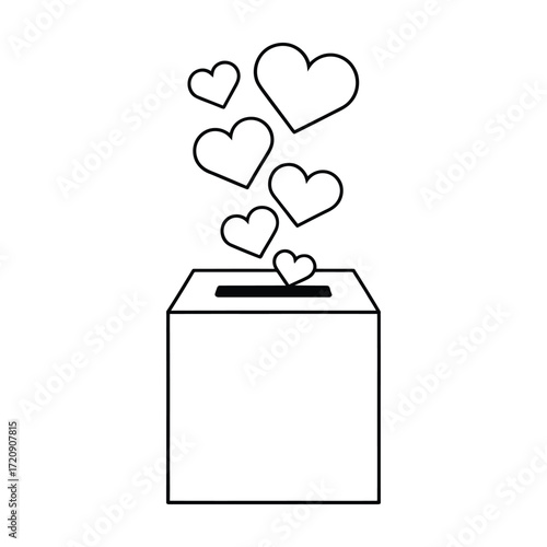 Donation box with hearts floating upwards, symbolizes love, charity, and giving in a simple and elegant line art style