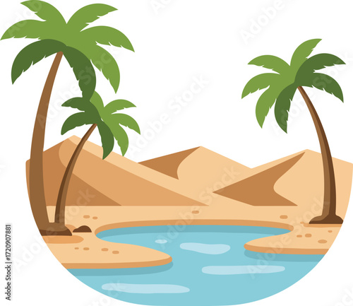Desert oasis with palm trees and sand dunes, ideal for travel brochures, vacation advertisements, nature blogs, desertthemed designs.