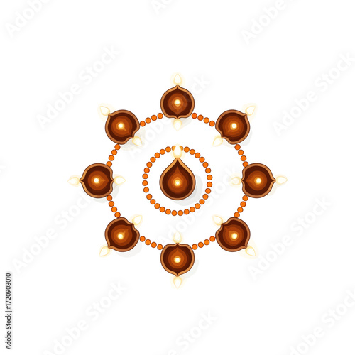 Diwali lamps arranged in a circular pattern with beads.