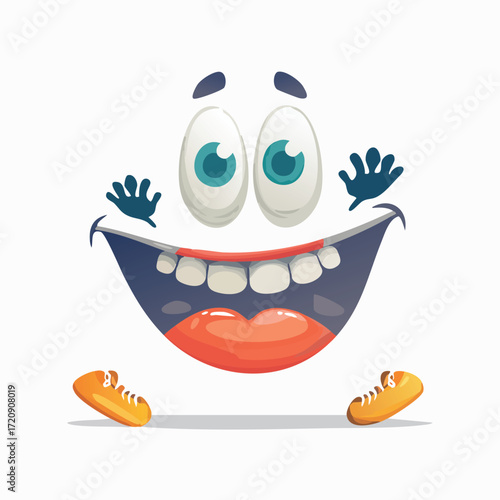 Cheerful cartoon character illustration with an exaggerated wide-open smile, bright blue eyes, and playful hands and feet, expressing pure joy and energetic fun