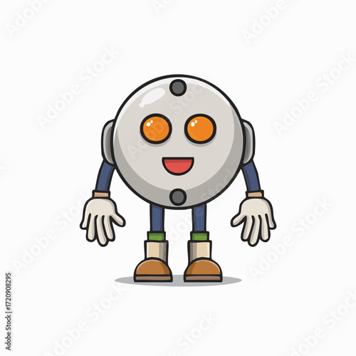 A cheerful cartoon bowling ball character with a robotic look, standing and smiling. This cute and friendly sports mascot is a vector illustration isolated on a white background