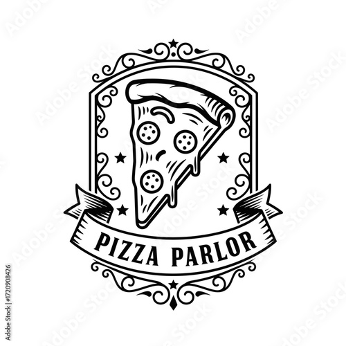 A black and white vintage-style logo for a pizza parlor, featuring a cartoon pizza slice in an ornate frame with a banner.
