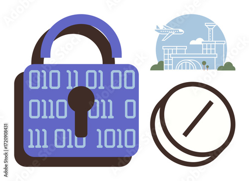 Binary-coded lock symbolizing data security, airport terminal emphasizing travel infrastructure, and prohibition sign for warning or restrictions. Ideal for cybersecurity, travel, restrictions, data