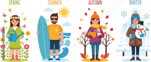 Illustration of four seasons spring summer autumn winter with people and seasonal elements present