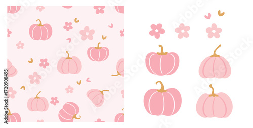 Seamless pattern with pumpkin, flower and small hearts on pink background vector. Set of pink pumpkins and pink flower isolated on white background.