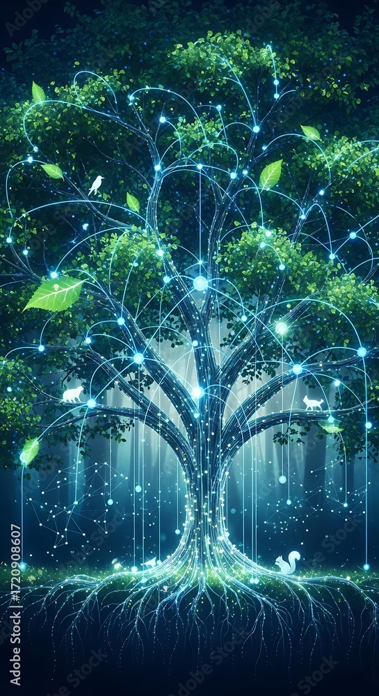 Obraz premium A mystical, glowing tree with interconnected roots and leaves, bathed in ethereal light, fills a magical forest scene.