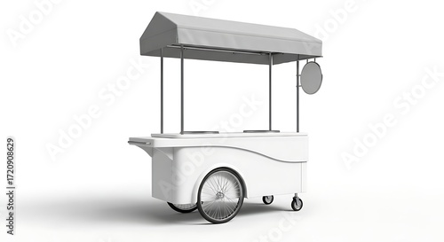 Minimalist White Street Food Cart Rendered on Isolated White Background, Clean Design.