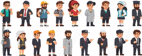 Diverse cartoon characters showcasing various professions and cultural backgrounds in a group setting