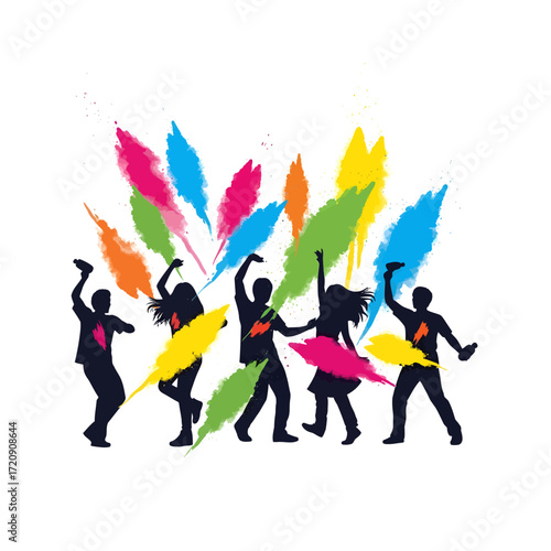 Silhouettes of people joyfully celebrating Holi festival with vibrant colors.