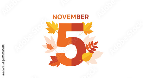 November 5th autumn date banner illustration featuring colorful fall foliage and a modern numeric design on a crisp white background