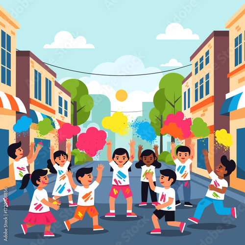Joyful children celebrating Holi festival by throwing colorful powder on a vibrant street with buildings and a bright sky.