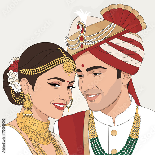 Portrait of a smiling Indian bride and groom in traditional wedding attire.