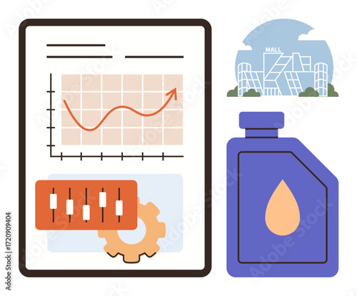 Analytics report showing rising graph, control panel, and gear. Includes oil container and mall, suggesting energy, retail, and optimization. Ideal for business, strategy trade retail oil real