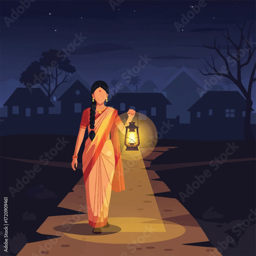 A woman in a sari walks along a path at night, illuminated by the warm glow of a lantern she carries, with village houses silhouetted in the background.