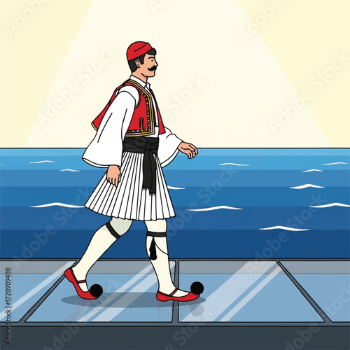 A man in traditional Greek Evzone uniform walks along a modern platform overlooking the sea.