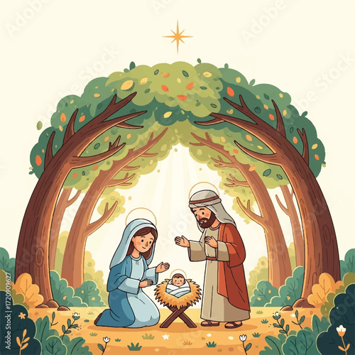 Nativity scene illustration showing Mary, Joseph, and baby Jesus in a manger, under a star and trees.