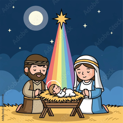 Cartoon illustration of the Nativity scene with Mary and Joseph kneeling before baby Jesus in a manger under a bright star.