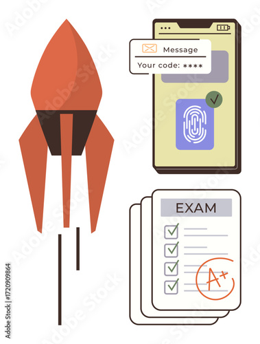 Rocket lifting off, smartphone with secure login, and graded exam paper with A. Ideal for education, security, tech, motivation, innovation success growth. Simple flat metaphor