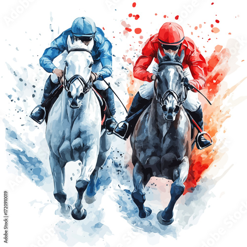 Mongolian Horse Racing, watercolor drawing vector, isolated on a white background.